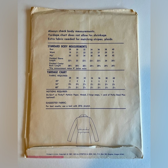 Vintage 'Stretch & Sew' Pattern 1060 Shawl Collar Jacket-Sizes 28,30,32,34,38,40 - Picture 3 of 4